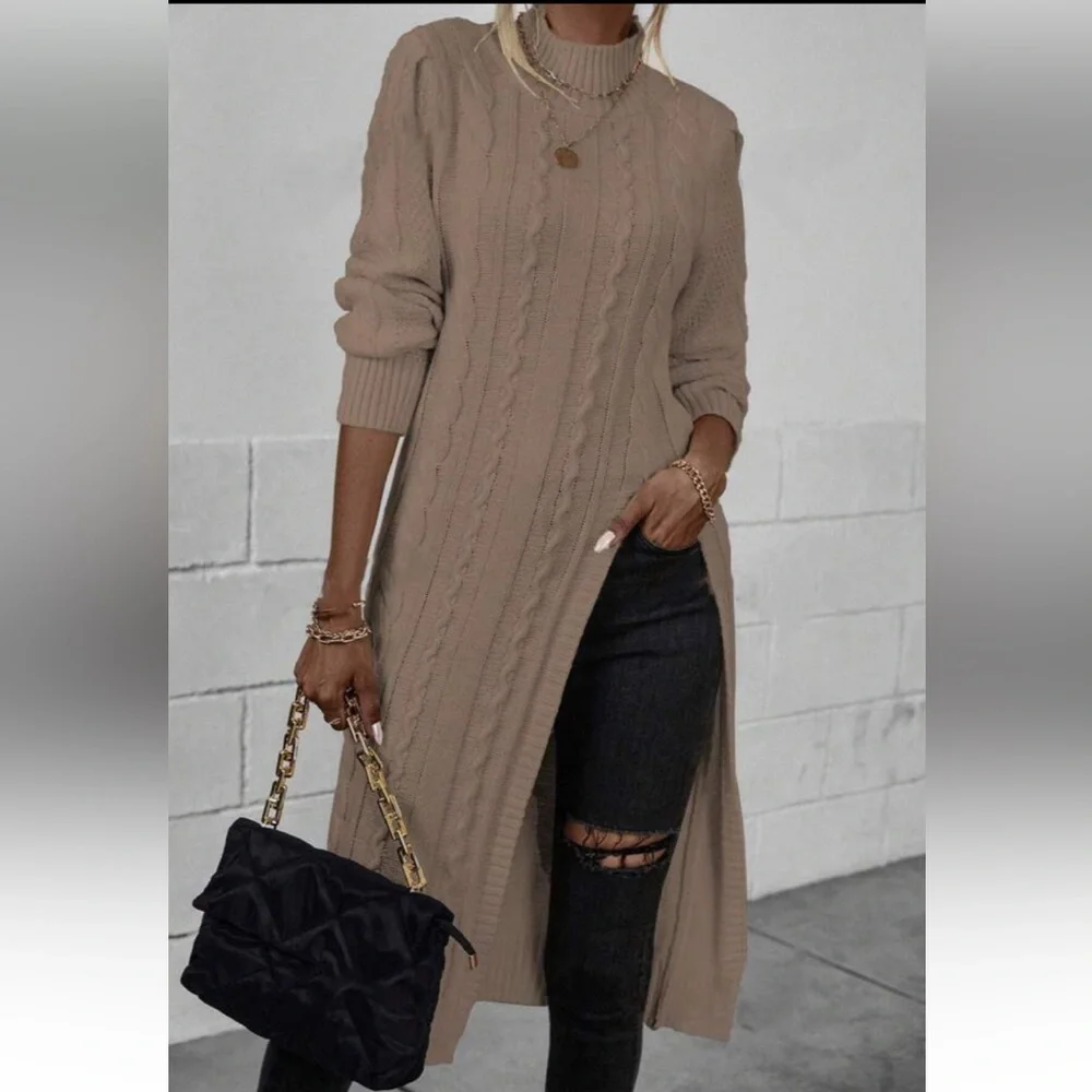 Luxe gray high neck cable knit slit thigh sweater top